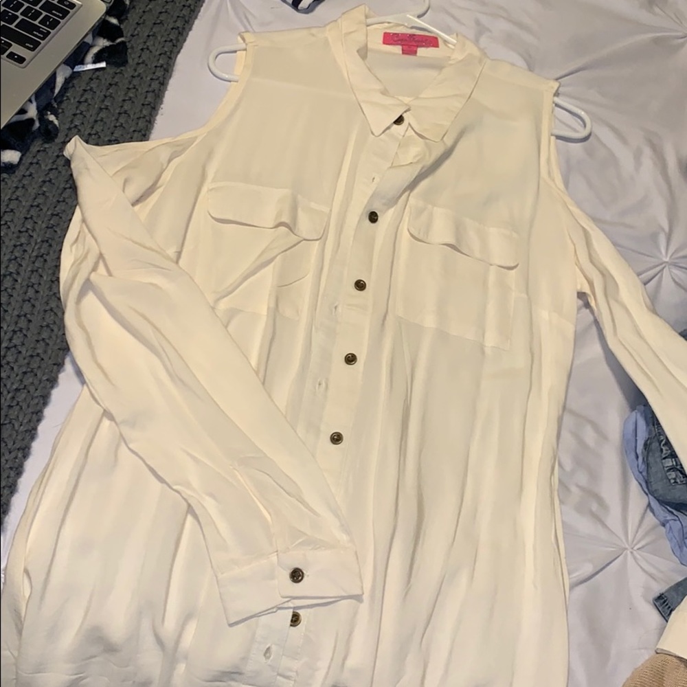 White peek-a-boo shoulder dress. MUST GO NOW.